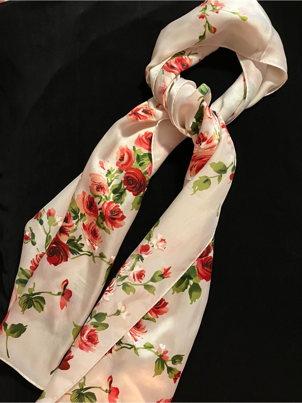 New Laura Ashley Cream Silk Scarf with Red and Green Rose Print